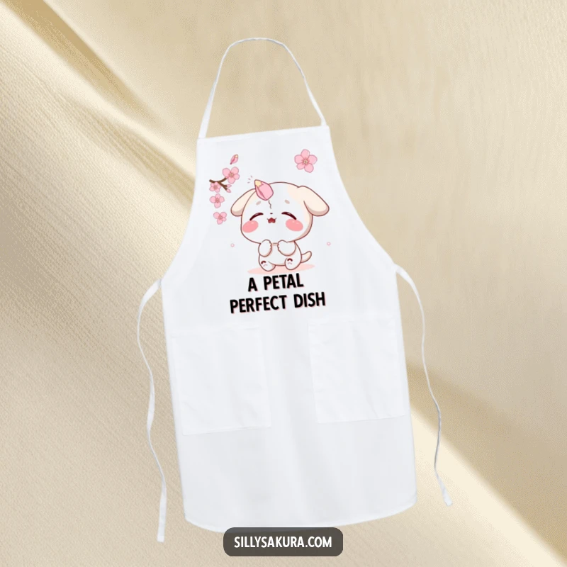 Funny apron: a delighted character comically attempts to balance a sakura petal on its nose, adding humor to cooking.