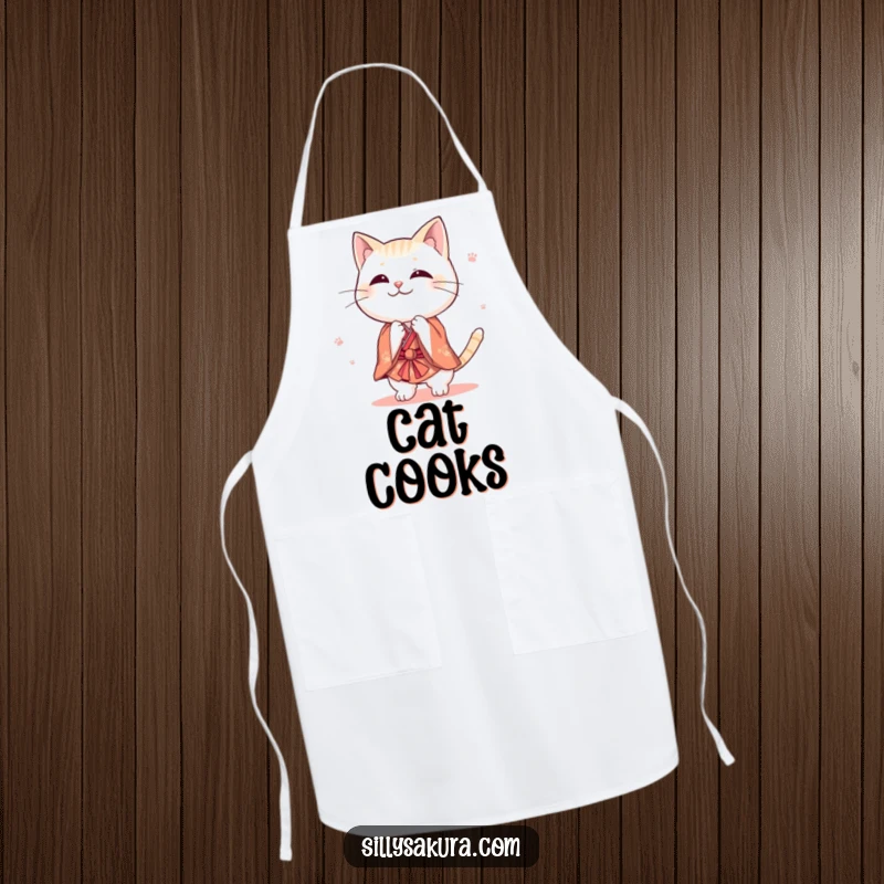 Funny cat apron featuring a cute character in a tiny kimono performing a playful bow, ideal for cooks who enjoy a humorous and culturally inspired theme.