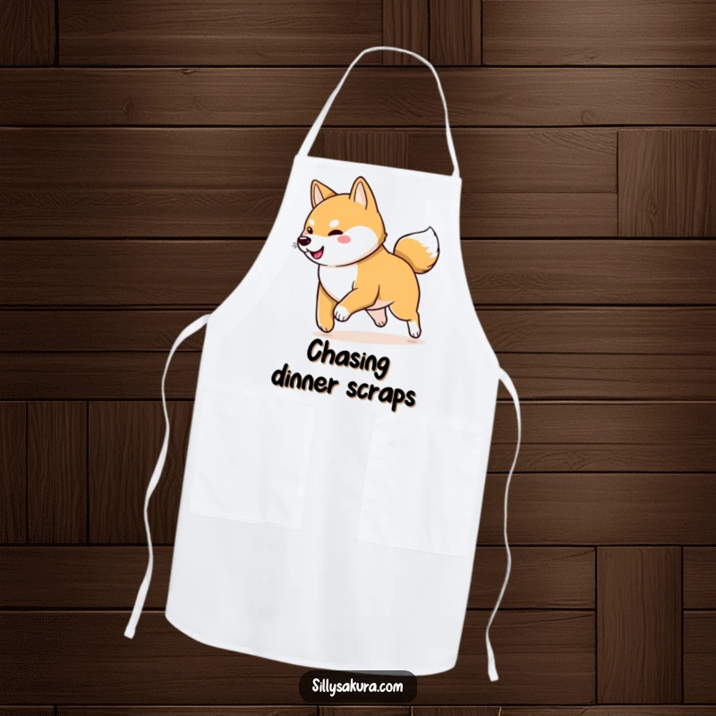 Funny Shiba Inu Apron: A playful Shiba Inu character chasing its wagging tail, bringing energetic fun and humor to kitchen wear.