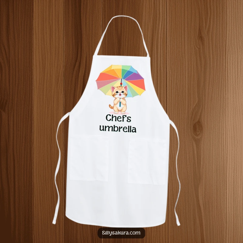 Funny apron featuring a happy kitten exploring under a giant, colorful paper umbrella, making kitchen tasks a fun and imaginative experience.