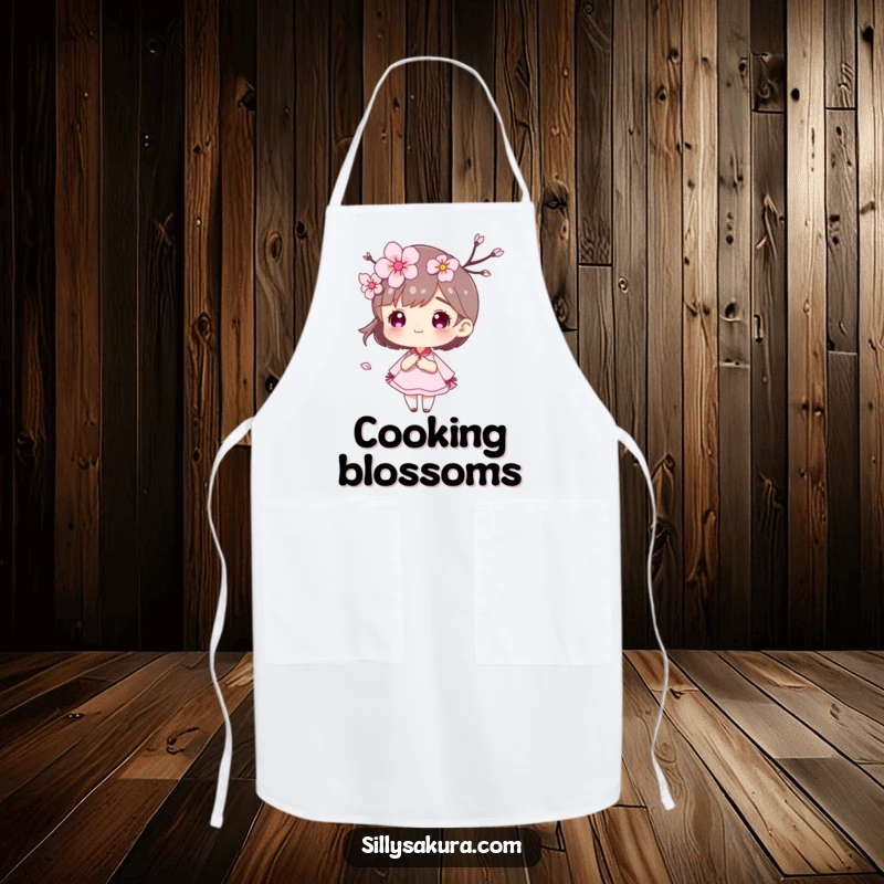 Funny Cherry Blossom Apron with a character and petals blowing artistically in the wind.