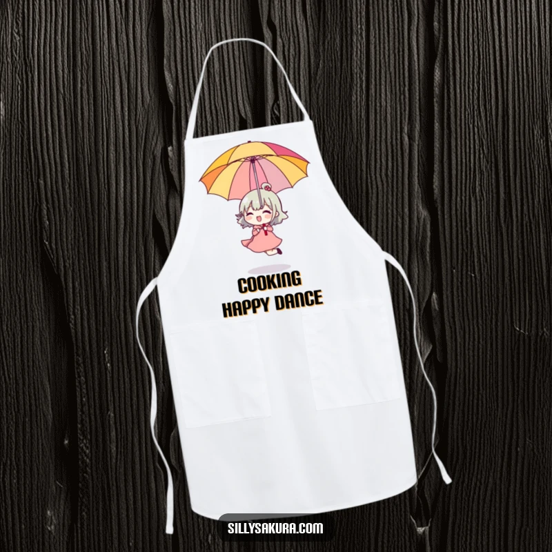 Funny Apron showing a character happily skipping with a bright umbrella upside down, a humorous kitchen item.