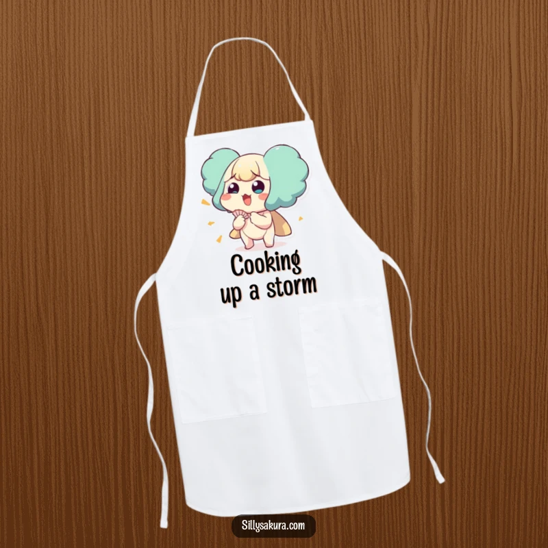 Funny apron showing a character comically fanning itself while cooking, designed for kitchen use.