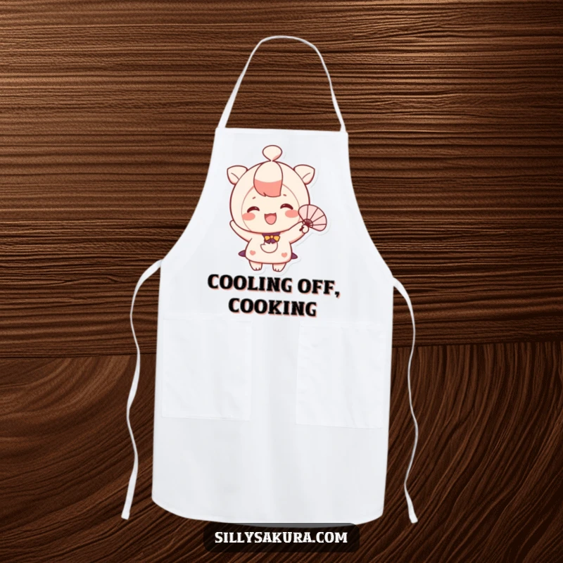 Funny apron depicting a cute, smiling character happily fanning themselves, perfect for kitchen use.