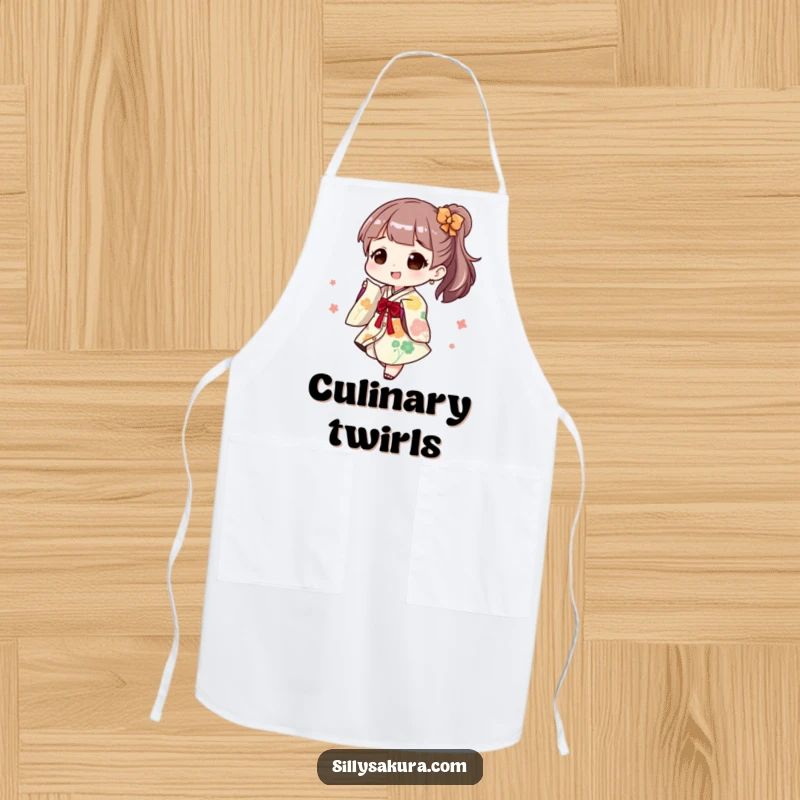 Funny Apron: A character joyfully twirls in a playful kimono, adding a festive and humorous touch to kitchen activities.