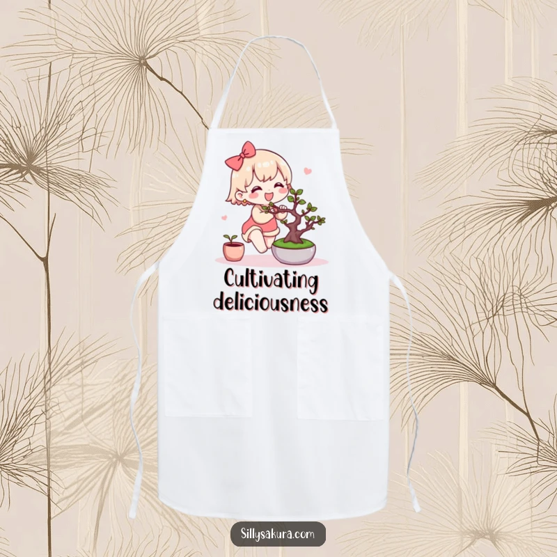 Funny Kawaii Apron. A cute character joyfully tends to a miniature bonsai tree, adding charm to gardening chores.