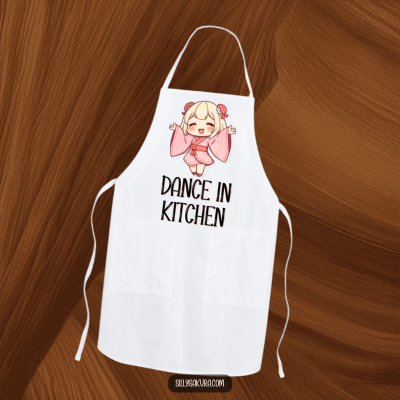 Funny Kimono Apron with a character dancing, sleeves dramatically billowing, adding artistic flair to cooking.