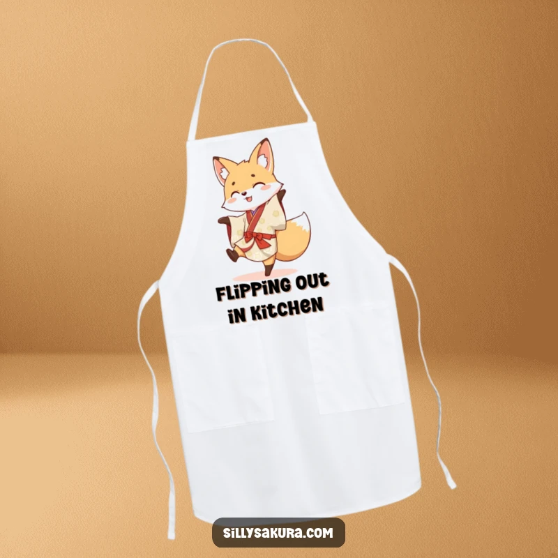 Funny apron illustrating a lively fox in a Japanese kimono attempting a cartwheel while cooking, bringing fun.