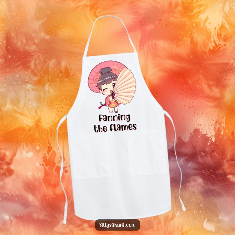 Funny Apron: A character comically tries to pose with a large decorative fan, adding dramatic and humorous flair to kitchen tasks.