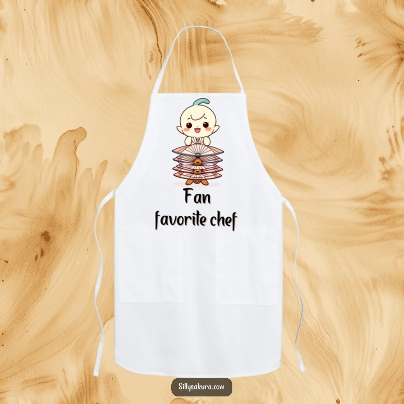 Funny apron with a happy character balancing decorative fans, perfect for elegant kitchen fun.