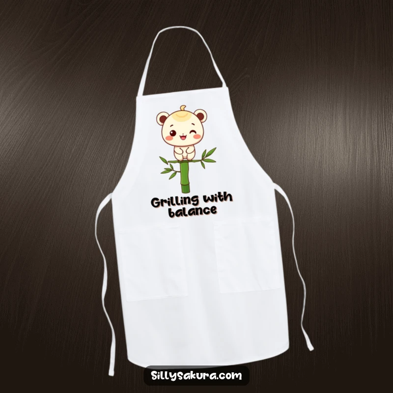 Funny apron showcasing a character with a big grin perfectly balanced on a bamboo stalk, perfect for kitchen zen.
