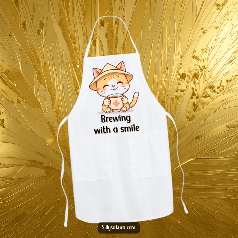 Funny Apron featuring a smiling cat in a paper hat, politely offering a cup of tea, perfect for a cheerful kitchen.