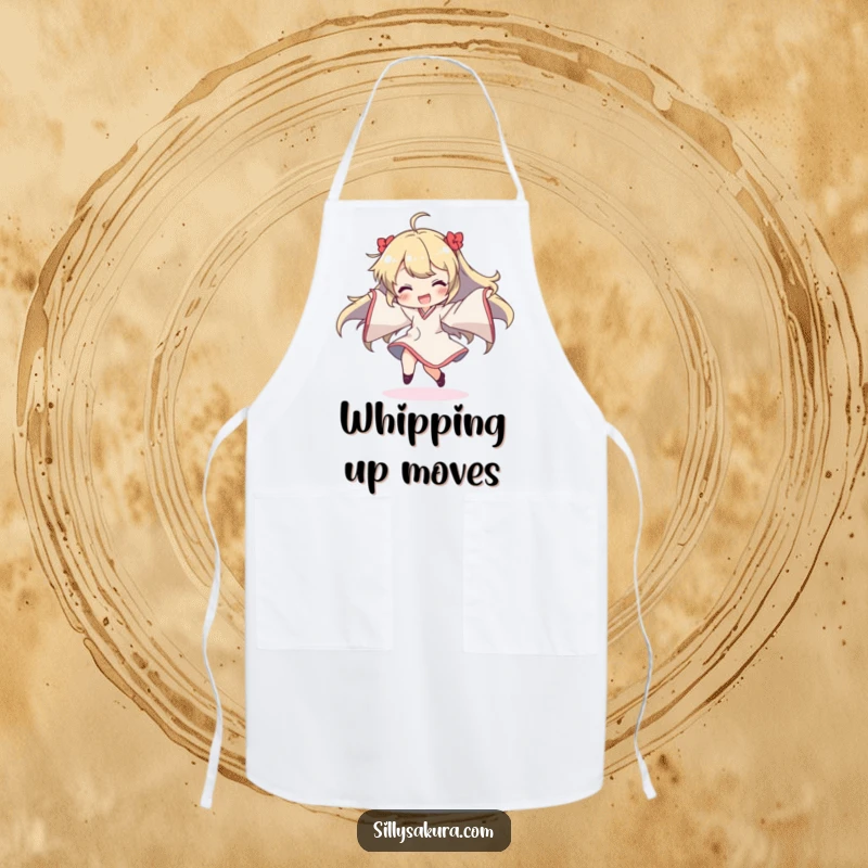 Funny apron featuring a character joyfully dancing, sleeves flowing dramatically, perfect for kitchen fun and adding humor to cooking.