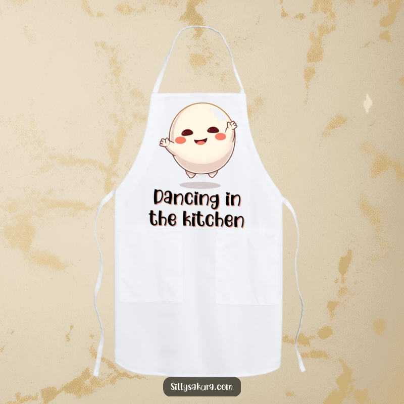 Funny Daruma apron with a floating character joyfully dancing, perfect for adding fun and protection in the kitchen.