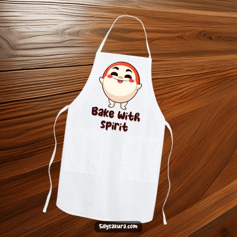Funny apron featuring a determined Daruma doll character smiling confidently, ready for kitchen challenges with humorous resolve.