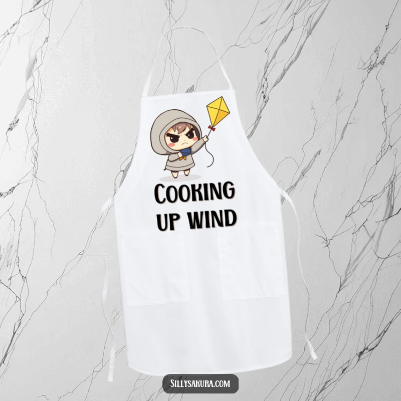 Funny apron showing a determined character frowning while attempting to fly a small kite, perfect for cooking.
