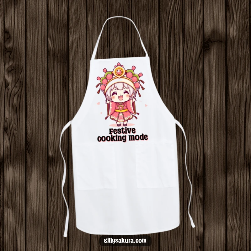 Funny Kawaii apron with an excited character dressed in elaborate festival attire, perfect for festive kitchen activities.