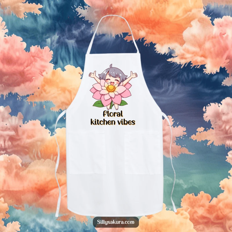 Funny apron depicting a character joyfully embracing a large flower, perfect for garden or kitchen use.