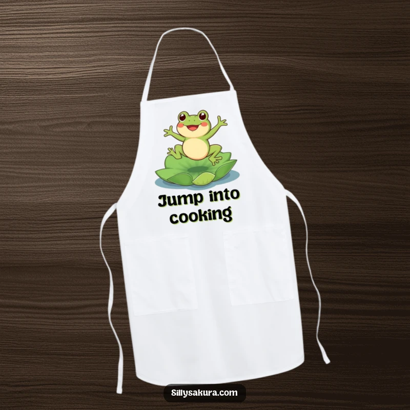 Funny Frog Apron: A cute frog character joyfully jumping onto a lotus pad, adding a humorous and practical touch to kitchen wear.