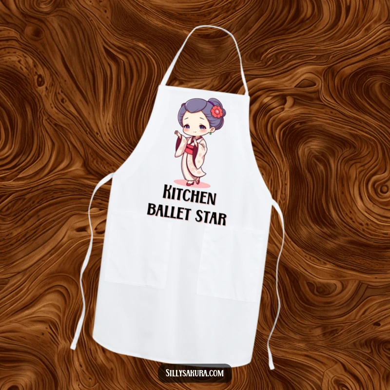 Funny geisha dancer apron showing a tiny character performing a fluid dance, adding humor to cooking tasks.