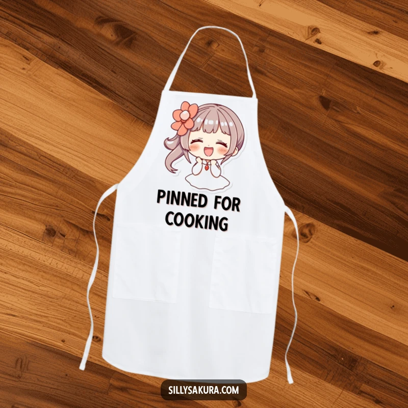 Funny apron: a character giggles under a large, decorative hairpin, bringing playful charm to the kitchen.