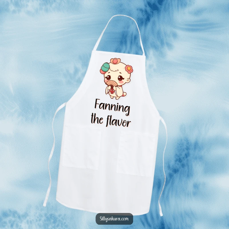 Funny apron depicting a Kawaii character in a traditional fan pose, with a delicate flutter adding elegance.