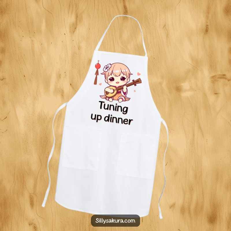 Funny Kawaii Apron. A cute character happily plays a small traditional instrument, making cooking fun and musical.