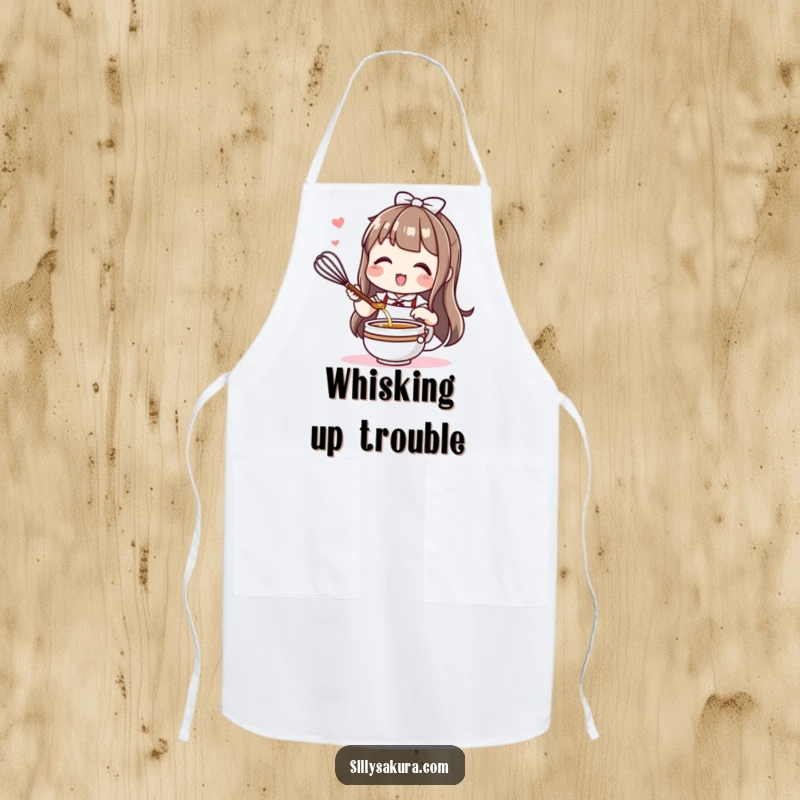 Funny Kawaii apron with a cute character enthusiastically whisking tea, designed for a fun and tidy tea-making experience.