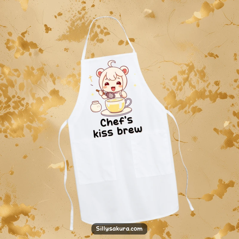 Funny Kawaii Tea Whisk Apron with a cute character enthusiastically preparing tea with a whisk, ready for brewing.
