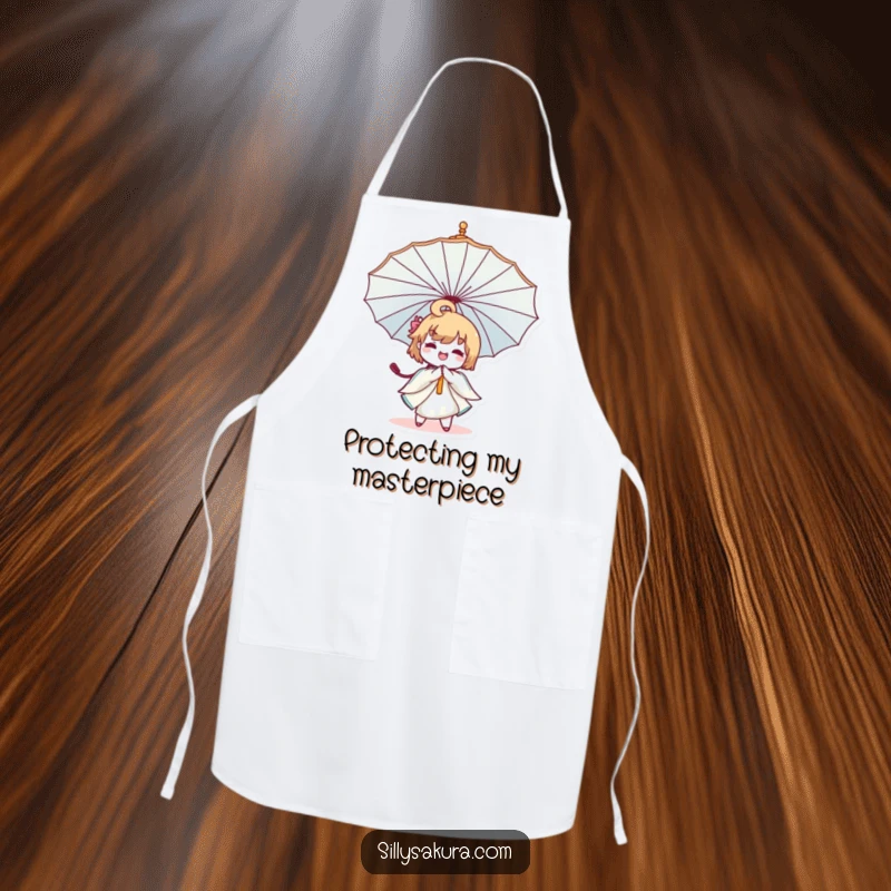 Funny Kawaii Umbrella Apron featuring a cute character joyfully twirling a large, decorative umbrella while cooking with flair.