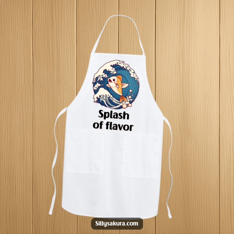 Funny apron with a lively koi fish character energetically leaping from a stylized ocean wave, ready for culinary adventures.