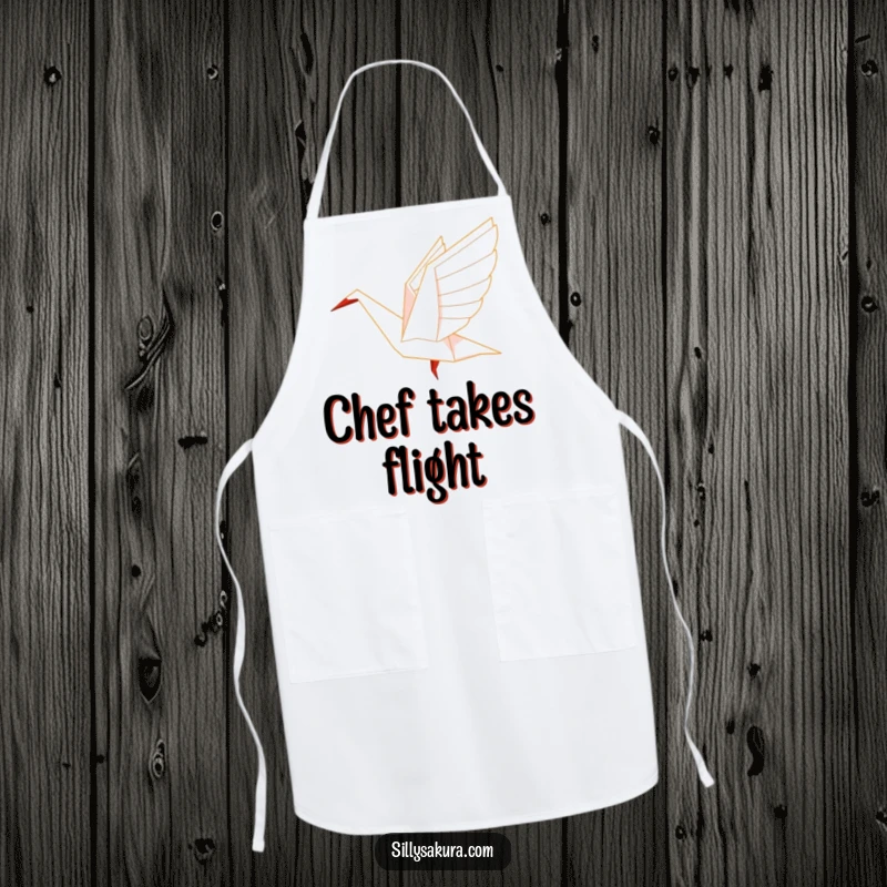 Funny Origami Apron with a paper crane character gracefully taking flight, inspiring kitchen creativity.