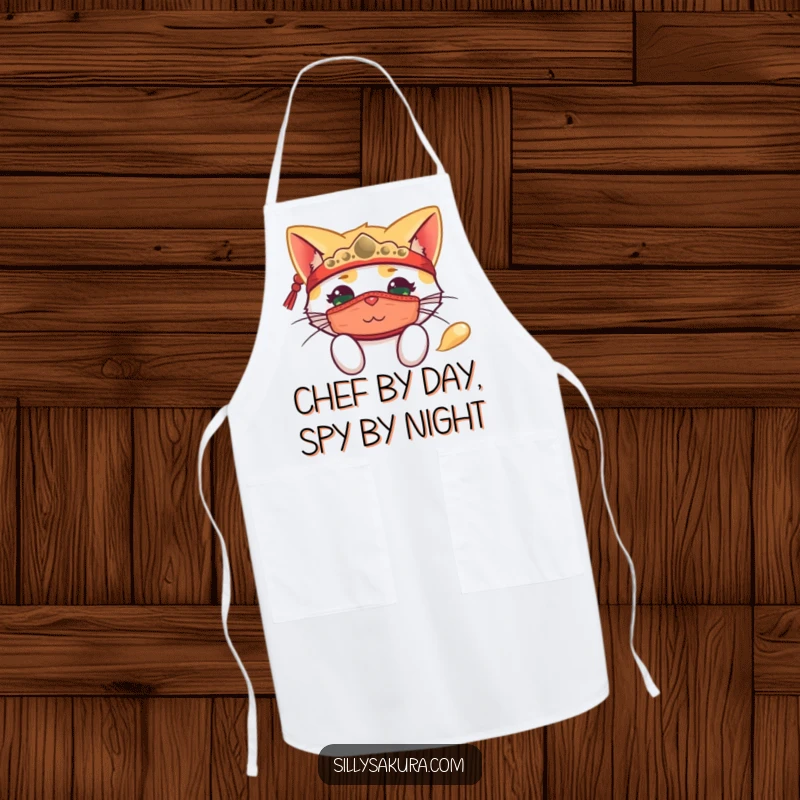 Funny apron showing a happy cat with a traditional mask, playfully peeking over the edge, ready for kitchen fun.