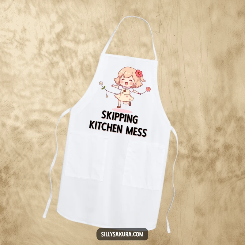 Funny skipping character apron, a cute character happily jumping rope with a string of flowers, ideal for kitchen fun.
