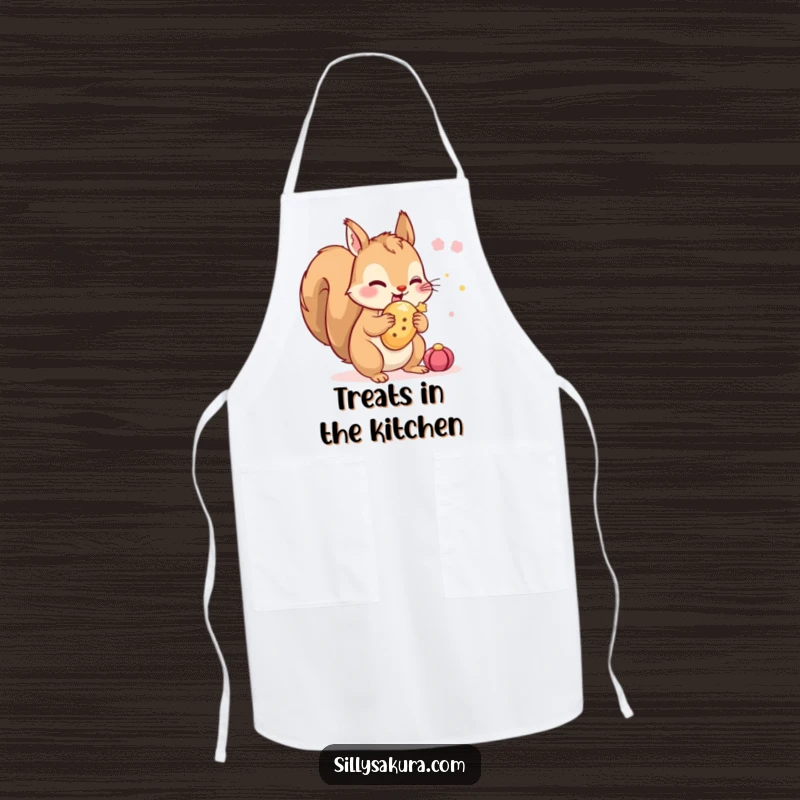 Funny Squirrel Apron: A tiny squirrel character excitedly hiding a festival treat, bringing playful mischief and festive charm to kitchen wear.