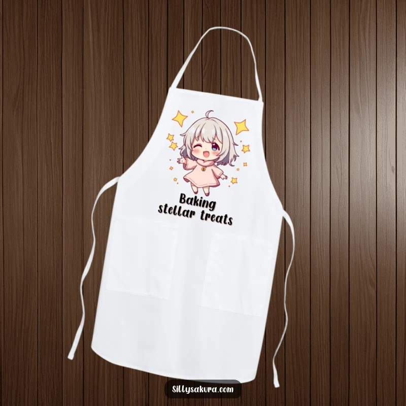 Funny Apron depicting a character energetically juggling sparkling stars, perfect for adding cosmic humor to kitchen activities and as a unique gift.