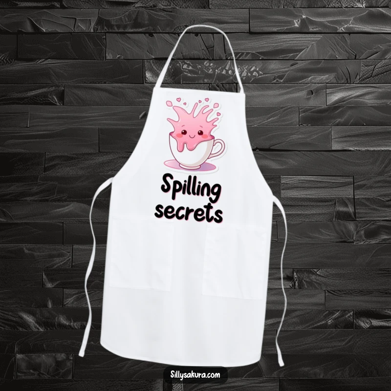 Funny apron with a smiling teacup character happily overflowing with colorful liquid, ready for kitchen fun.