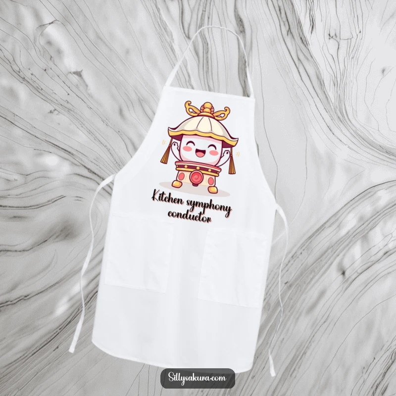 Funny apron featuring a cute temple bell character ringing with joyful vibrations, perfect for bringing humor to culinary activities.