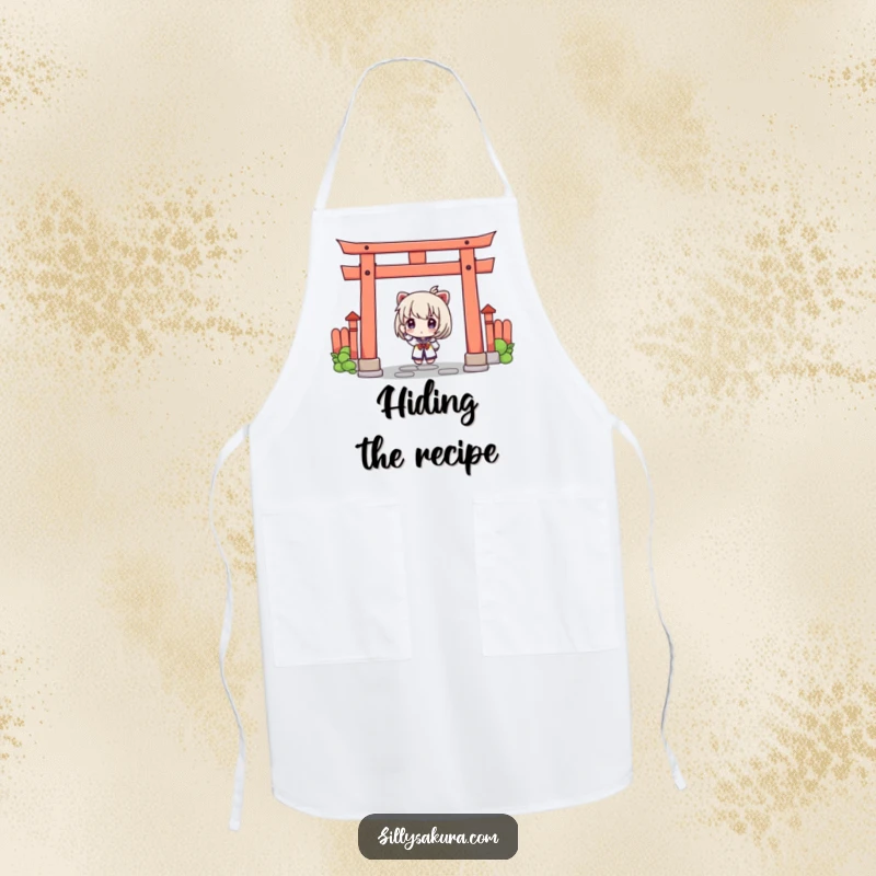 Funny apron showing a curious character peeking from behind a torii gate, perfect for adding intrigue to the kitchen.