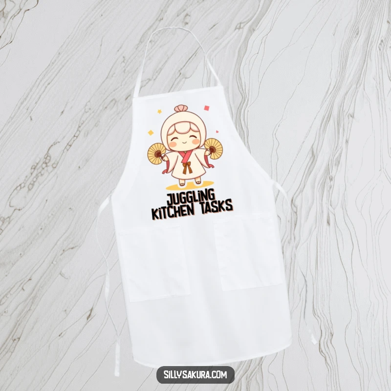 Funny apron featuring a cute Kokeshi doll character playfully juggling three fans, adding whimsical humor to cooking.