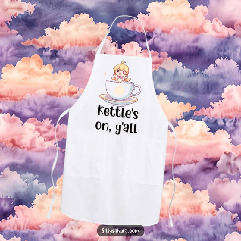 Funny Apron depicting a character cheerfully riding a whimsical, floating teacup, perfect for adding magic to cooking and as a unique gift.