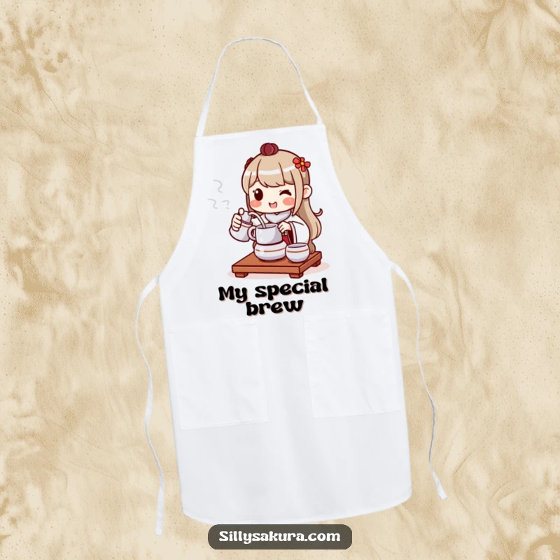Funny apron depicting a cheerful character performing a tea ceremony, pouring tea with a pleasant and serene smile.