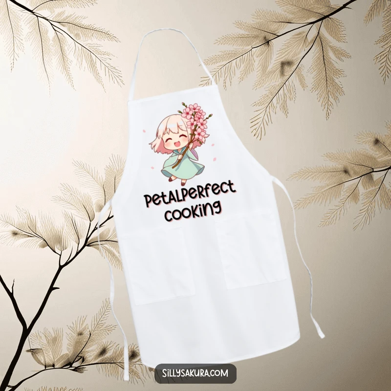 Funny apron featuring a joyful character spinning with a bouquet of exquisite pink blossoms, perfect for adding a touch of floral humor and cheer to cooking.