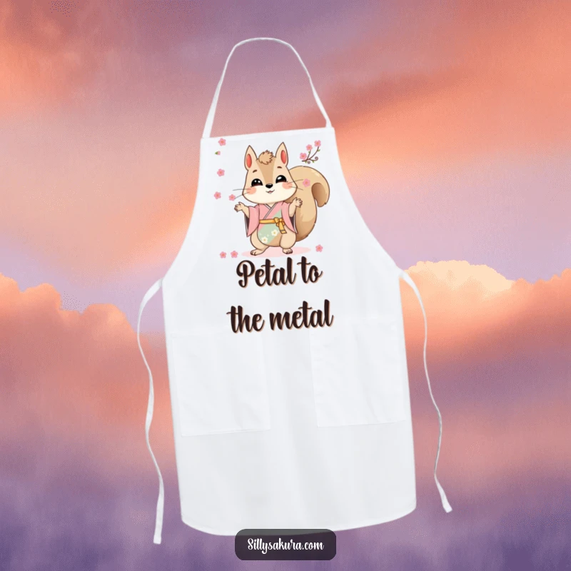 Funny apron illustrated with a squirrel in a Japanese kimono juggling delicate cherry blossoms during meal prep.