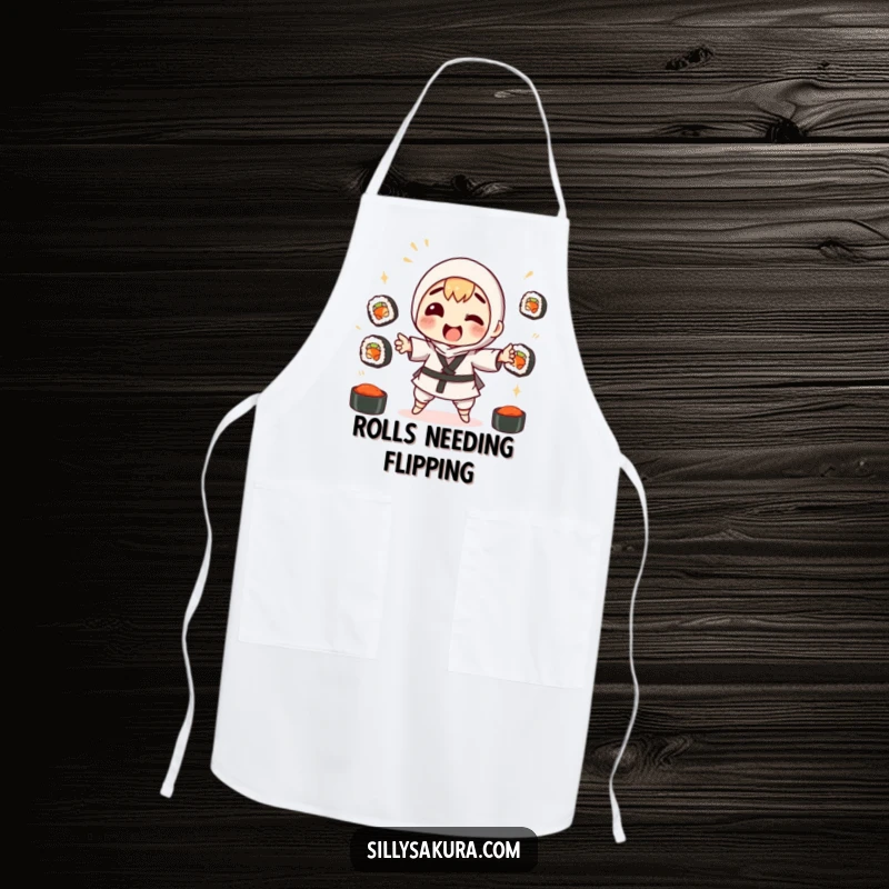 Funny apron featuring a character comically failing to juggle sushi rolls while cooking, soy sauce stains around.