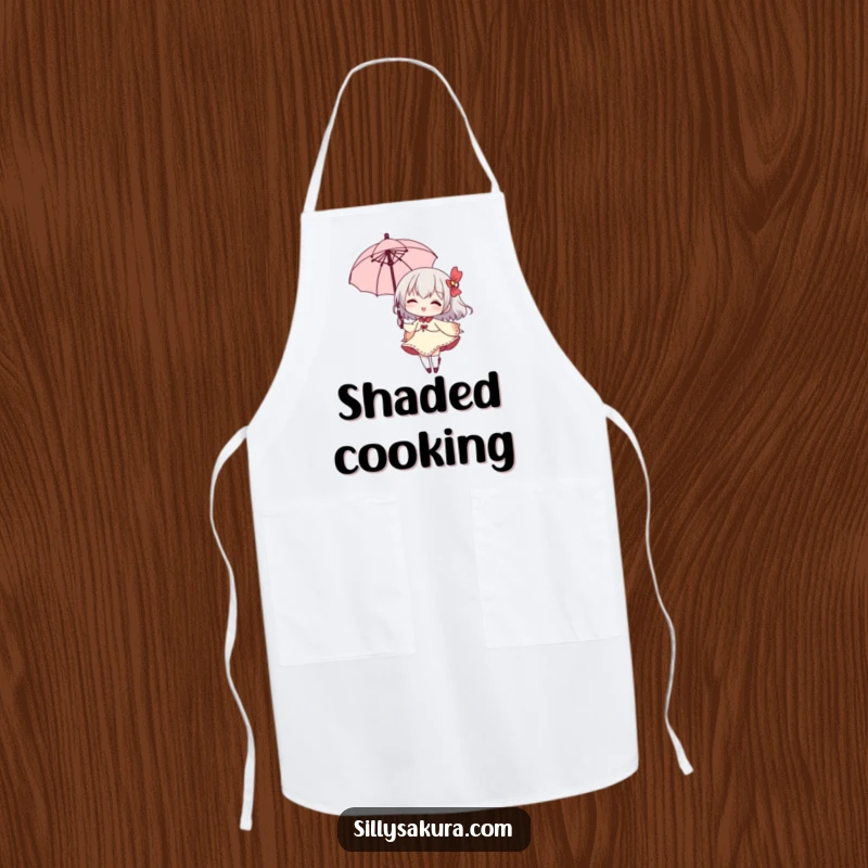 Funny apron depicting a small character elegantly twirling with a parasol, a wide grin expressing playful delight.