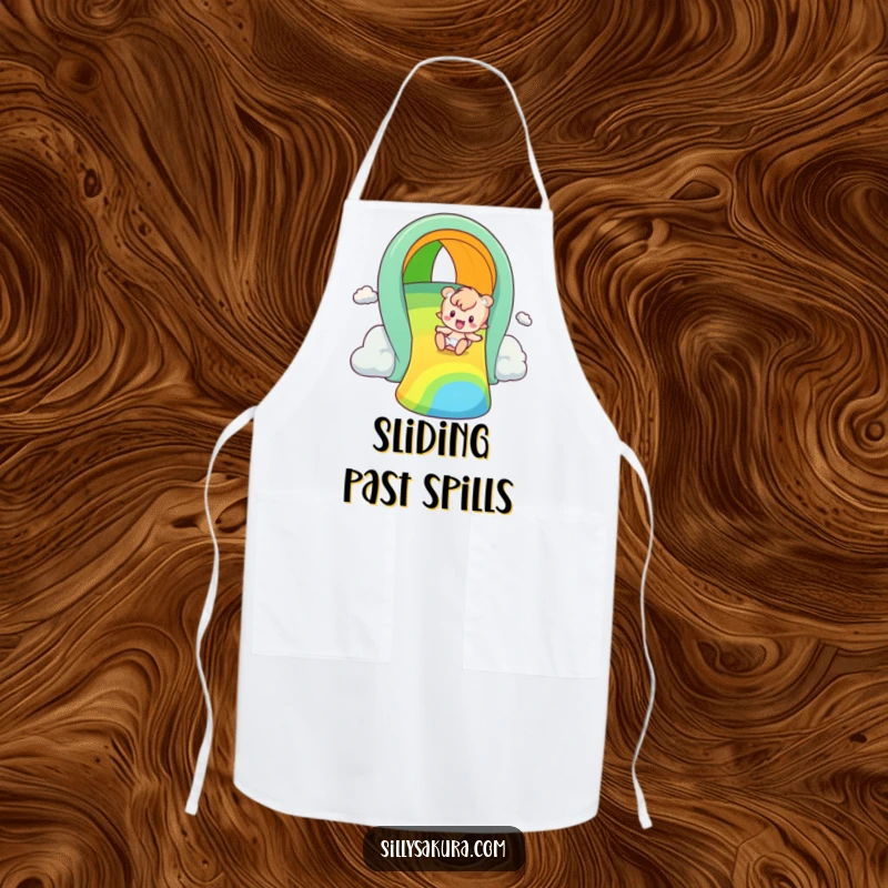 Funny rainbow slider apron, a cute character joyfully sliding down a bright, colorful rainbow slide, ideal for kitchen fun.