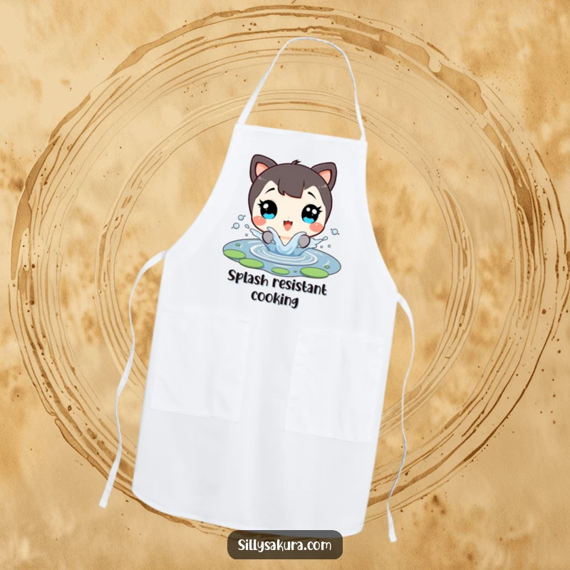 Funny Apron: A character with delighted eyes splashes in a tiny pond, bringing a fun, watery theme to kitchen wear.
