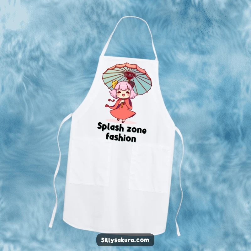 Funny Kawaii apron featuring a character joyfully twirling a decorative umbrella, perfect for adding humor to kitchen tasks.