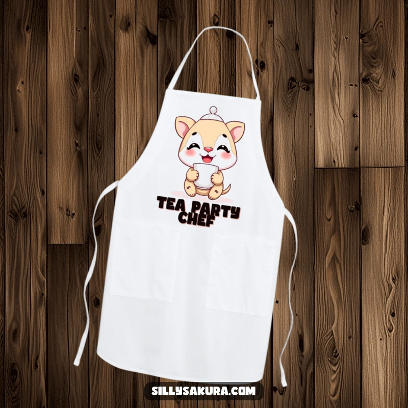 Funny smiling character balancing a teacup on its nose, printed on a durable apron for careful and charming cooking.